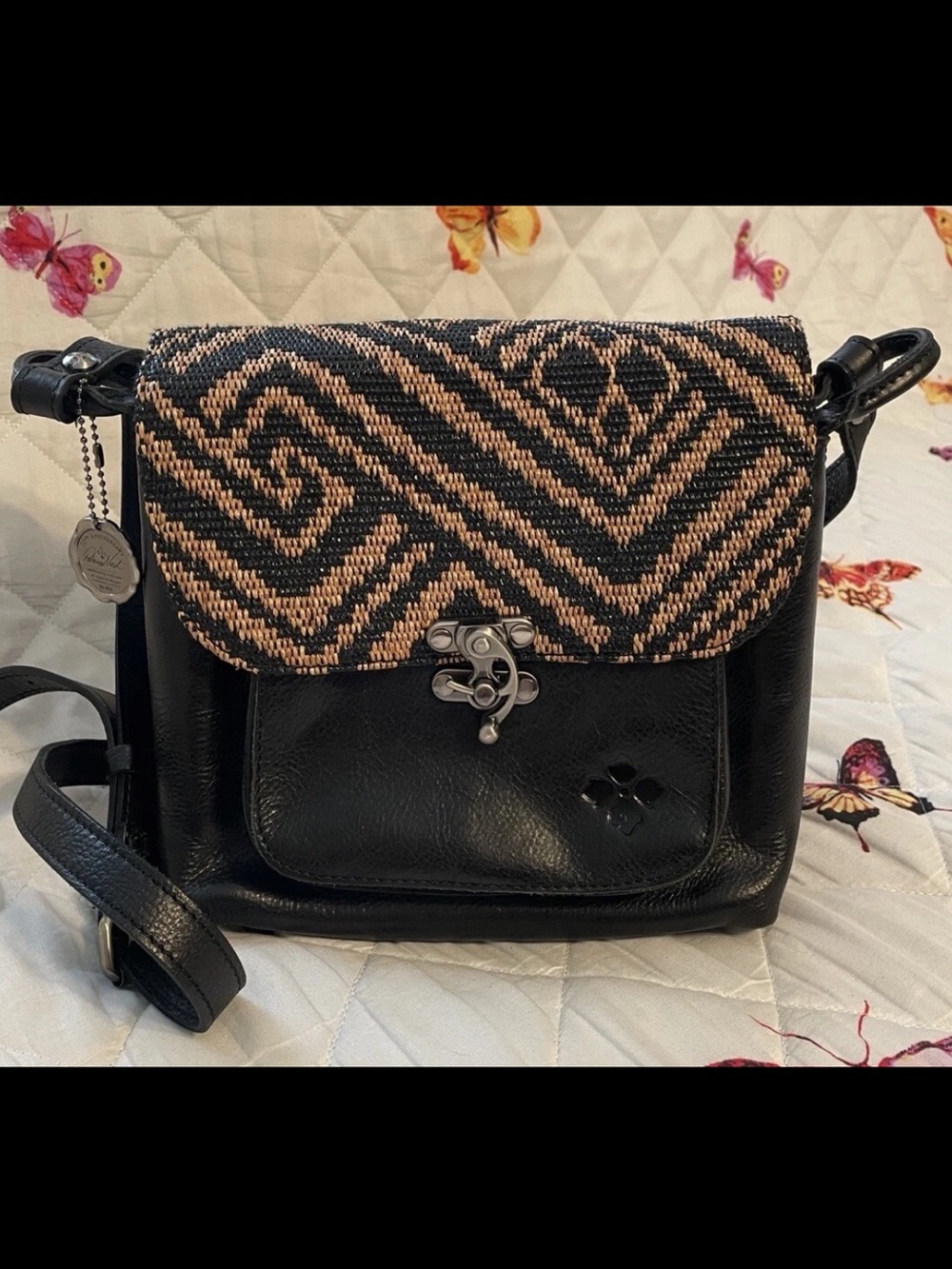 PATRICIA NASH Black Leather & Woven LEANDRA Flap Crossbody Purse Bag-